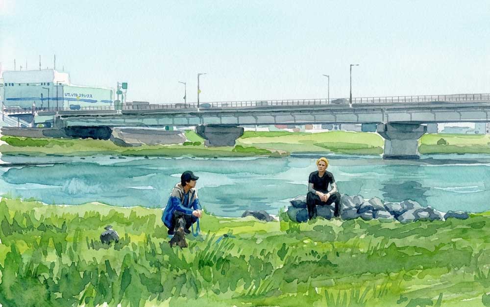 九条の大罪　九条と壬生　河川敷のシーンのイラスト